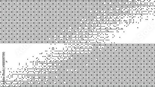 Minimalist white background with a diagonal split of black pixel dithered textures and scattered particles for a clean tech aesthetic Vector Illustration