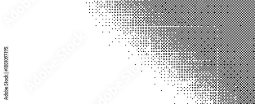Clean white background with a dark corner featuring black pixelated dithered particles and noise fading into open space Vector Illustration