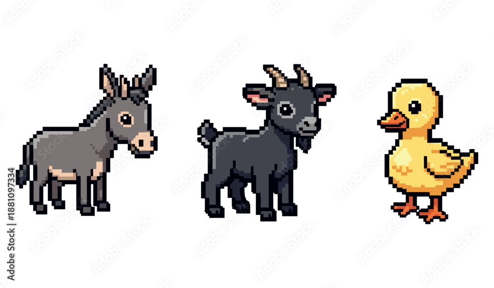 Obraz premium Pixel art trio: donkey, goat, and duck on white background