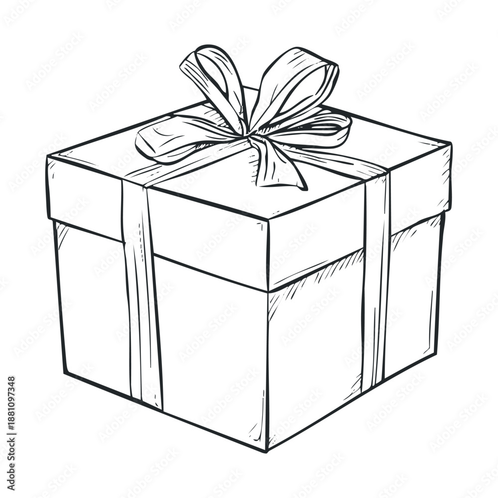 Obraz premium Classic hand drawn gift box with decorative ribbon bow perfect for holiday shopping advertisements, birthday announcements, or special event promotions