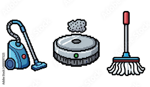 Pixel art cleaning tools: vacuum, robot cleaner, mop