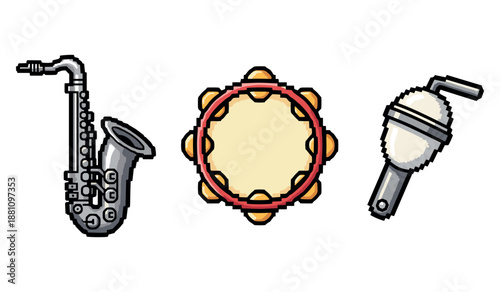 Pixel art musical instruments set: saxophone, tambourine, and maraca