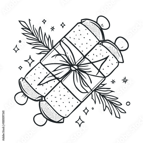 Hand drawn monochrome scroll wrapped with a ribbon and adorned with decorative sprigs and sparkling elements, ideal for educational, religious, or festive event decorations and print media.