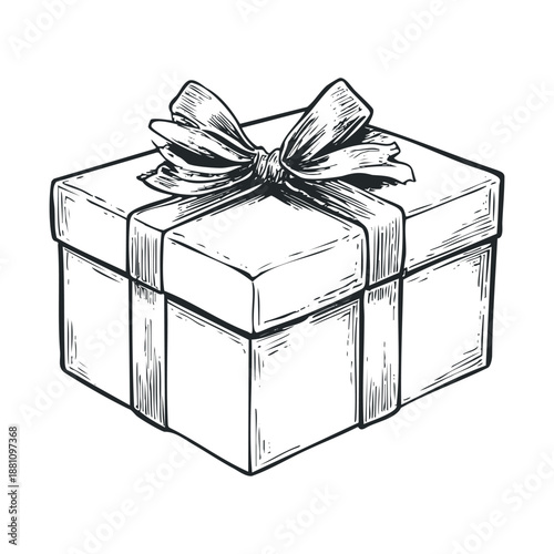 A beautifully rendered monochrome sketch of a festive gift box adorned with a decorative bow, perfect for holiday greetings, celebration announcements, or special event invitations.