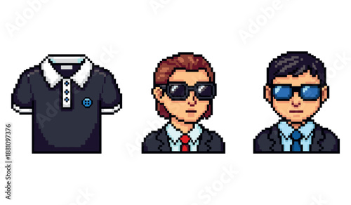 Pixel art male characters in suits and polo shirt with sunglasses