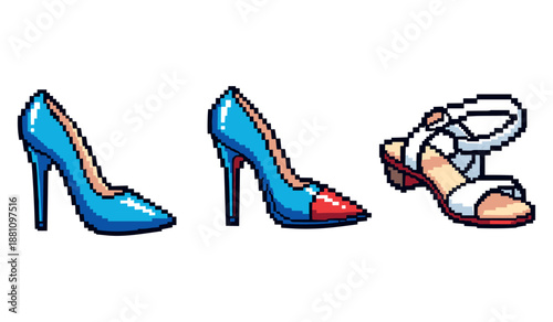 Pixel art high heels and sandals: stylish retro footwear designs