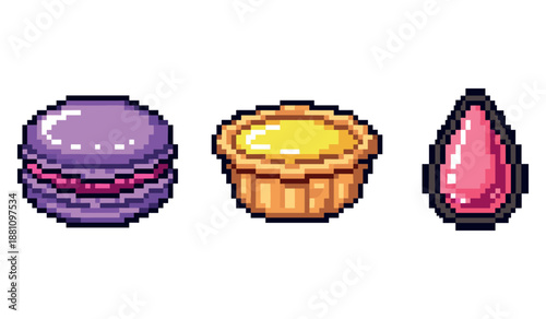 Colorful pixel art sweets: purple macaron, yellow tart, pink teardrop candy