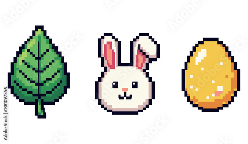 Cute pixel art nature and easter symbols: leaf, bunny, egg