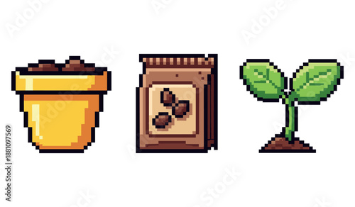 Pixel art: yellow plant pot, seed packet, and green seedling growth stages