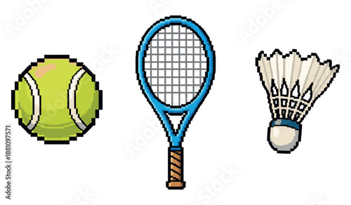 Pixel art tennis and badminton equipment: ball, racket, shuttlecock