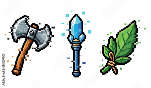 Pixel art fantasy weapons set: axe, crystal scepter, leaf dagger