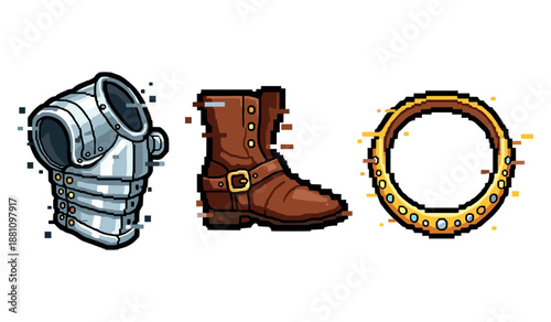 Pixel art: knight armor, leather boot, and gold ring designs