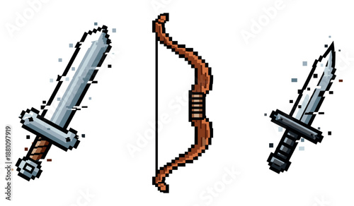 Pixel art: sword, bow, and dagger - retro video game weapons
