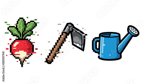 Pixel art gardening tools and radish: hoe and watering can icons