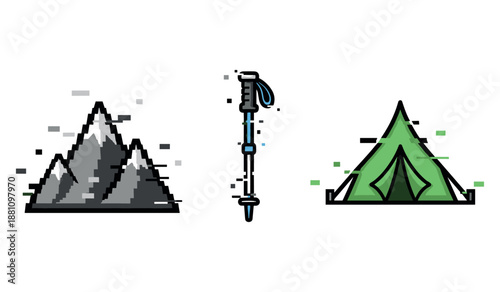 Abstract mountain, hiking pole, and tent graphic with digital glitch effect