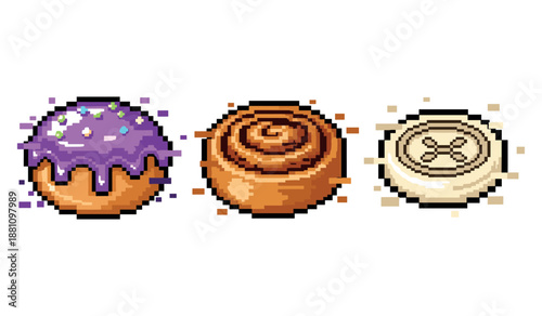 Pixel art desserts: glazed donut, cinnamon roll, vanilla pastry