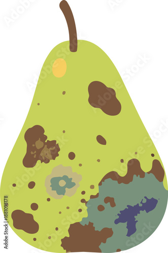 A flat vector illustration of a green pear covered with brown and moldy patches, showing visible signs of spoilage and decay.