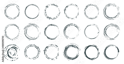 Hand Drawn Grunge Circle Frames. Vector Ink Brush Strokes, Distressed Round Borders, and Abstract Paint Smears.