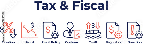 Tax and Fiscal Concept Illustration Covering Taxation, Fiscal Policy, Customs, Tariffs, Regulation, and Sanctions for Government Finance, Trade Compliance, and Economic Management
