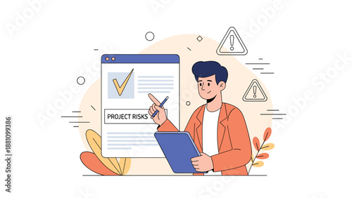 Young adult male analyzing project risks with document and checklist