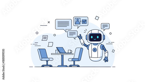 Ai robot communicating in office setting with speech bubbles