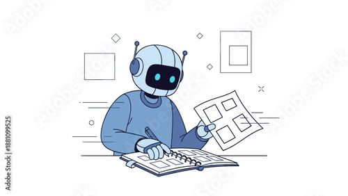 Cartoon robot drawing and planning schematics with geometric background