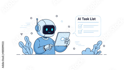 Robotic assistant managing ai task list on tablet in futuristic blue environment