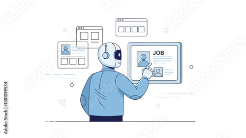 Robot interacting with digital job applications on screen in futuristic workspace