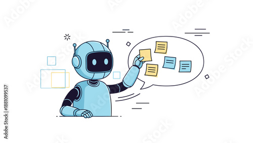Futuristic blue robot organizing sticky notes with speech bubble in tech-themed illustration