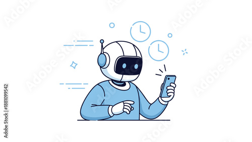 Cute robot with smartphone and clocks: futuristic communication concept