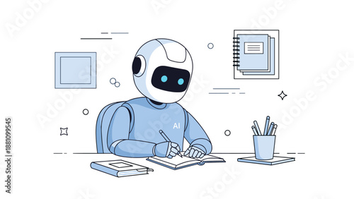 Ai robot writing at desk with books and notepad, learning and creativity concept