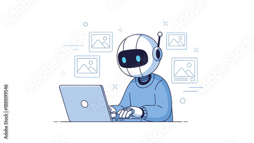 Cartoon robot working on a laptop with floating image icons in a workspace
