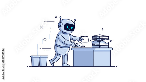 Cartoon robot organizing documents at desk in office setting