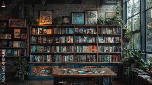 Coffee shop bookshelf filled with novels, games, and local artwork.