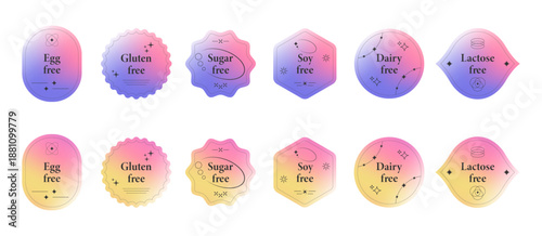 A set of food labels with dietary restrictions, including gluten-free, dairy-free, lactose-free, sugar-free, egg-free, soy-free, and gradient symbols for health product packaging and branding.