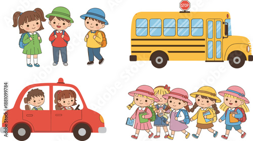 Cute cartoon illustration of elementary students with backpacks walking to school yellow school bus and red car for education transportation
