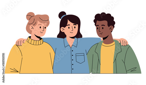 Diverse young friends embracing - caucasian, asian, african illustration