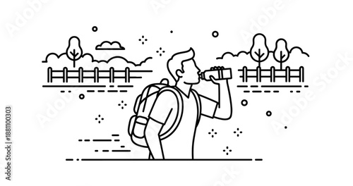 Young caucasian male hiking and drinking water in outdoor line art illustration