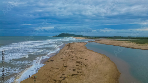 Aerial drone shot of St Lucia beach and estuary in Isimangaliso wetland park