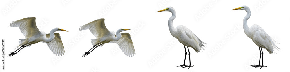 Fototapeta premium Great Egret Bird Set Isolated on White Background, Ardea Alba in Flight and Standing Poses, Large White Heron, Transparent PNG Wetland Wildlife Clipart Collection