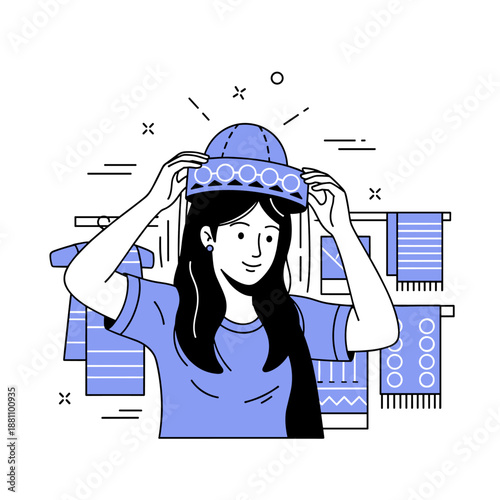 Young asian female trying on hat in stylish clothing store with scarves background