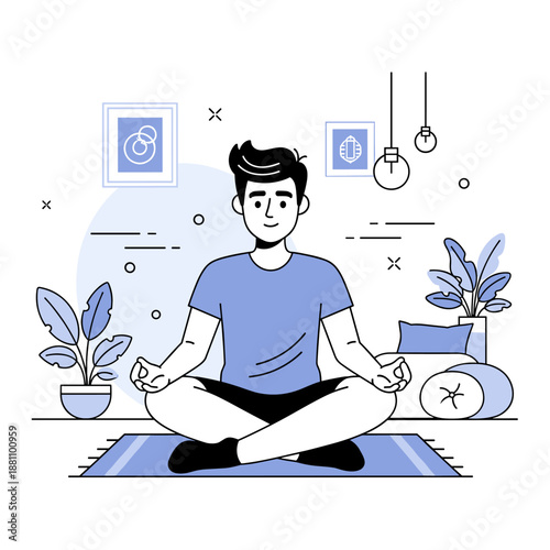 Young caucasian male practicing yoga meditation at home in a calm minimalist setting