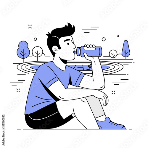 Young male resting by pond in park drinking water