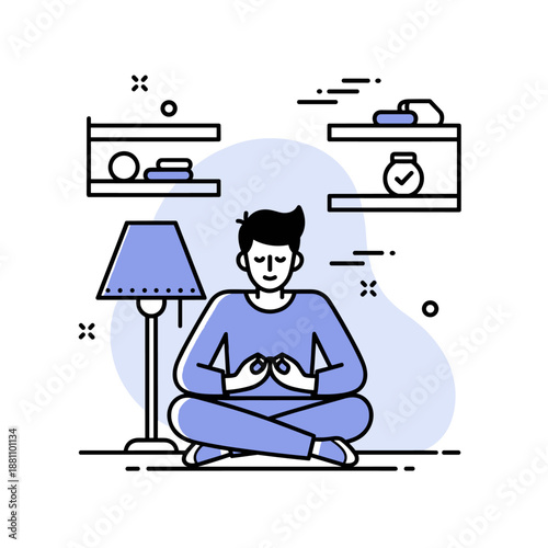 Young adult male meditating in a cozy room with shelves and lamp