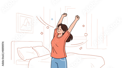 Young hispanic female stretching in bedroom with morning light