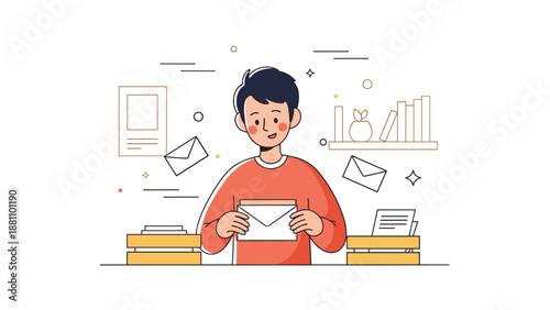 Young asian male reading letter in office setting with books and envelopes