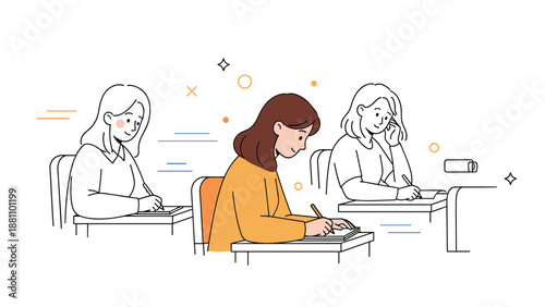 Young female students studying drawing in classroom setting