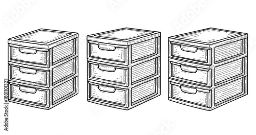 Set of three stacked storage drawers in black and white line art