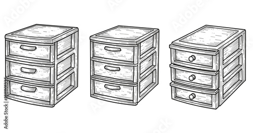 Hand-drawn wooden drawer cabinets set with three variations in vintage style