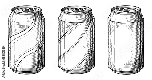 Detailed line art of three tall aluminum cans with varied designs